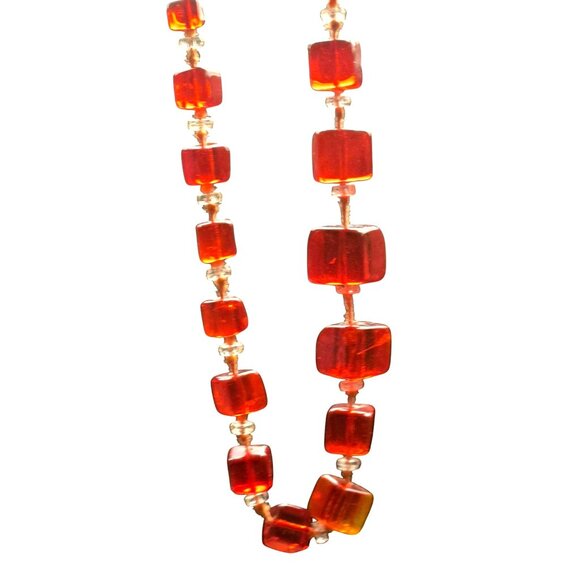 Vintage Cherry Red Lucite Necklace Square Beads Mid Century Glow - Picture 1 of 8